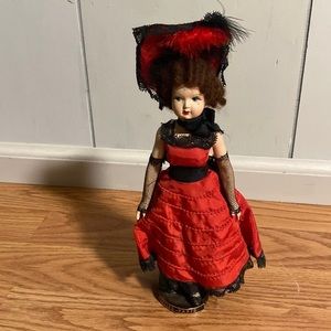 Vintage French Dancer 9” Doll Hair 1950s Garters Fishnet Lace Feather Hat